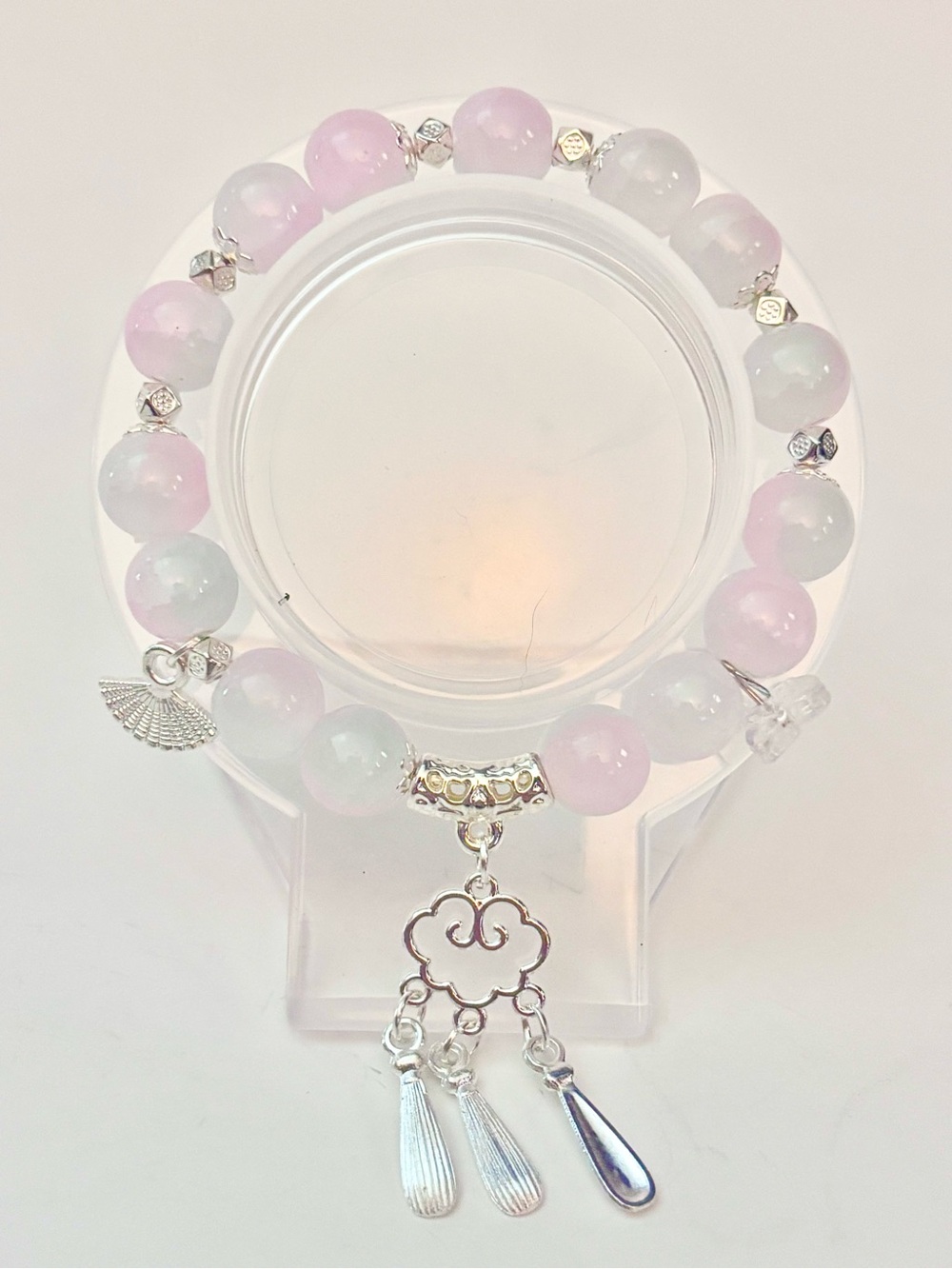 Handmade Pink & White Beaded Charm Bracelet
